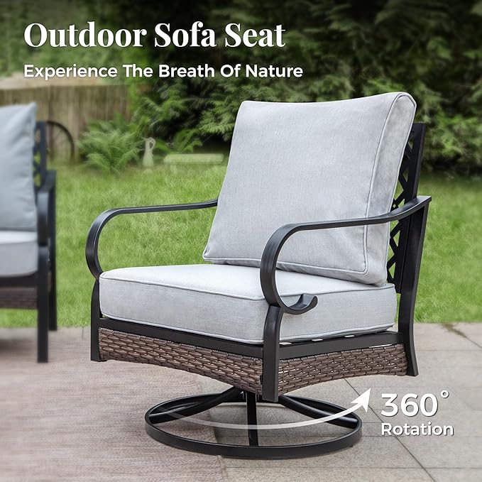 Patio Swivel Chairs Set of 2, Outdoor Sofa Chairs with Deep Seating and 5.75" Cushions, Steel Frame Porch Furniture for Lawn Backyard Deck, Light Grey