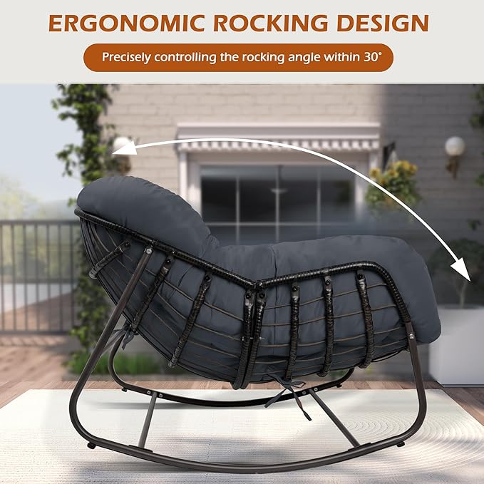 Papasan Rocking Chair Indoor & Outdoor, Oversized Egg-Shaped Papasan Rocker with Cushion & Pillow, All-Weather Wicker Patio Lounge Chair for Garden, Porch, Living Room (Dark Blue)