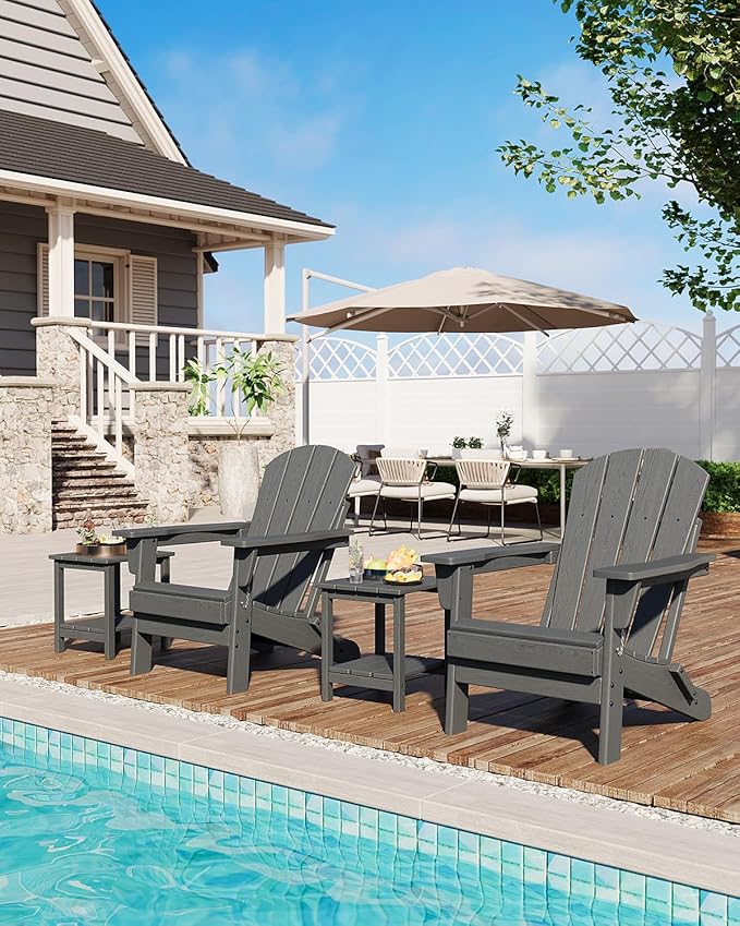 Garvee Folding Adirondack Chairs, HDPE Plastic Outdoor Chairs All-Weather Resistant for Fire Pit, Deck, Patio, Pool, Backyard - Gray