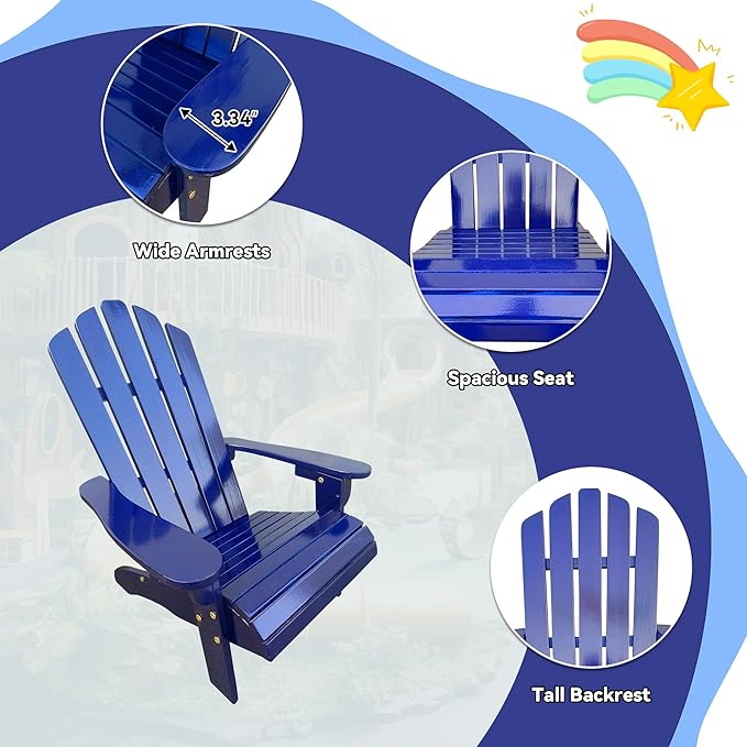 Wood Adirondack Chair, Ergonomic All-Weather Adirondack Chairs for Kids, Leisure Line Adirondack Lounge Outdoor Chairs Durable Patio Lounge Chair for Garden Lawn Indoor Blue