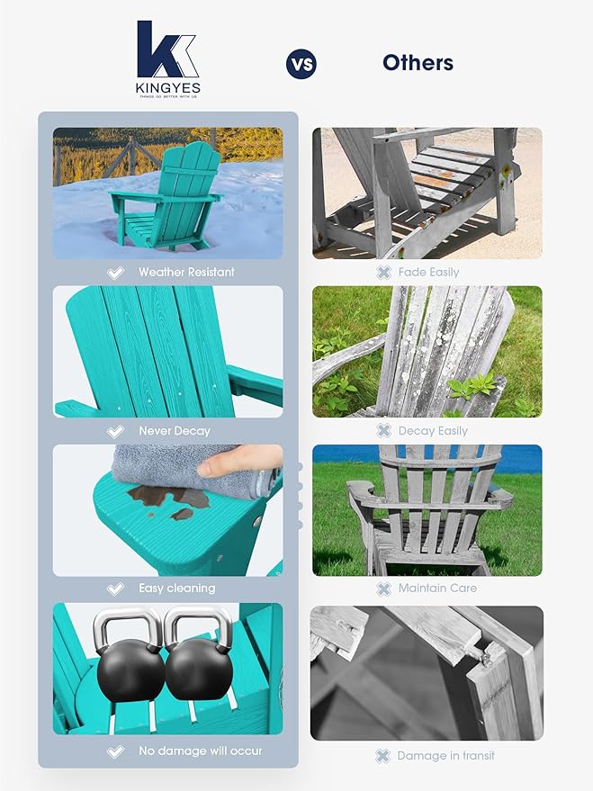 KINGYES Folding Adirondack Chair, HDPE All-Weather Patio Chairs, Wooden Textured Lawn Chair for Poolside, Backyard, Deck, Fire Pit, Aruba