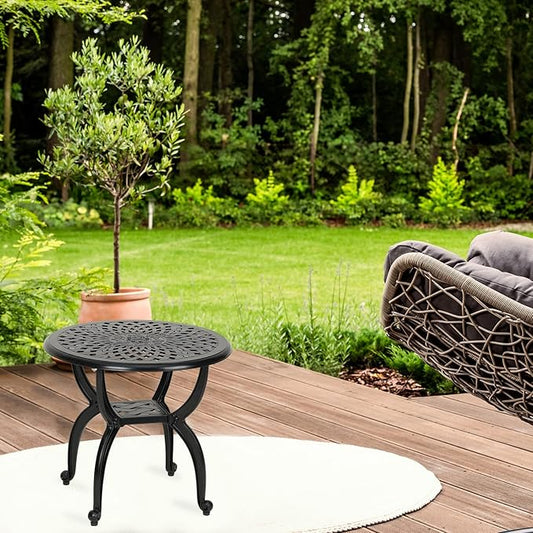 JARDIN DE CENTENNIAL Cast Aluminum Side/End Table, Anti-Rust Coffee Bistro Table for Outdoor, Patio, Indoor, Garden, Porch, Balcony (Round Black)