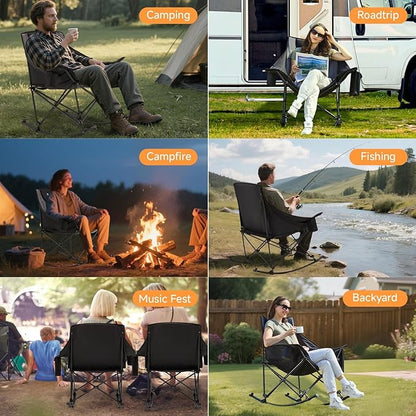 Oversized Folding Rocking Camping Chair, Padded Portable Rocking Chair with Pockets, Cup Holder and Carry Bag, Heavy Duty Outdoor Rocker Patio Chair for Garden, Lawn, Yard, Up to 400lbs, Gray