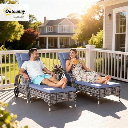 Outsunny Wicker Outdoor Chaise Lounge Chair Set of 3 with Side Table, 5-Level Adjustable Backrest PE Rattan Pool Lounge Chair with Wheels, Cushion & Headrest, Mixed Gray and Gray