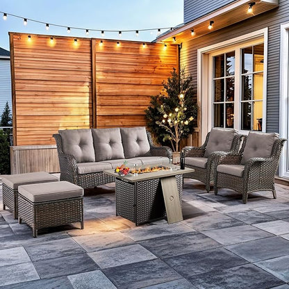 HUMMUH 6 Pieces Patio Furniture Set with Fire Pit Table High Back Outdoor Conversation Set Wicker Patio Couch Outdoor Chairs Ottomans for Balcony Garden,Lawn,Deck