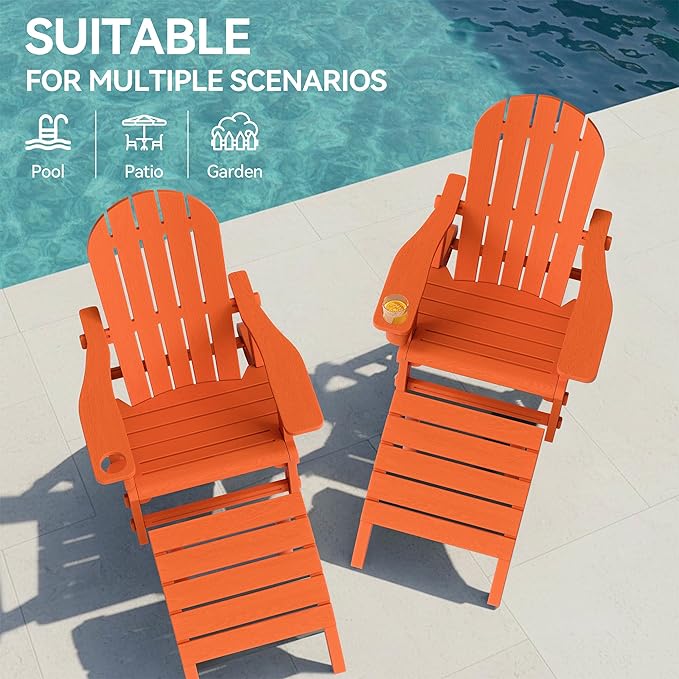Vongrasig Adirondack Chairs Set of 2 with Removable Tabletop and Footrest, All-Weather HDPE Outdoor Chair Set with Wooden Textured, Cup Holder for Patio, Poolside, Deck, Garden, Orange