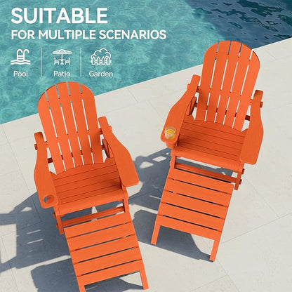 Vongrasig Adirondack Chairs Set of 2 with Removable Tabletop and Footrest, All-Weather HDPE Outdoor Chair Set with Wooden Textured, Cup Holder for Patio, Poolside, Deck, Garden, Orange