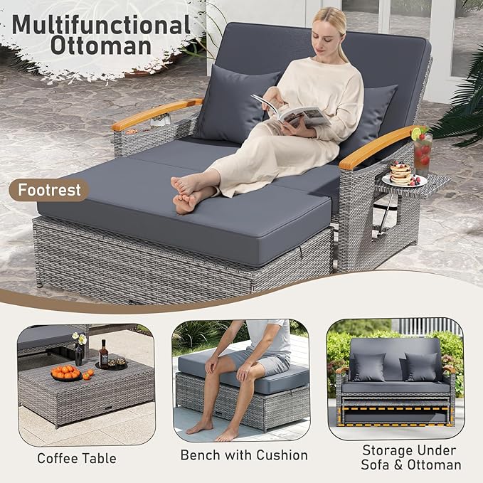 LDAILY Moccha Outdoor Wicker Daybed, Patio Rattan Loveseat Sofa w/ 4-Level Adjustable Backrest, Folding Panels, Storage Ottoman & Cushions, Lounge Furniture Set for Poolside Backyard Porch (Grey)