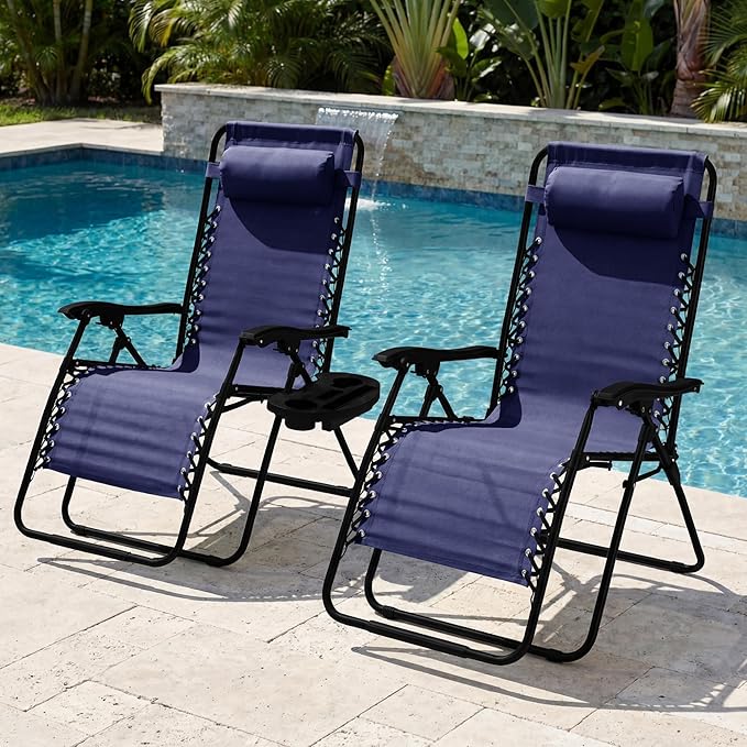 Best Choice Products Set of 2 Extra Wide Adjustable Steel Mesh Zero Gravity Lounge Chair Recliners w/Pillows and Cup Holder Trays - Navy