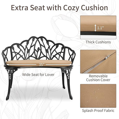 HOMEFUN Outdoor Patio Bench, Garden Benches with Cushion All-Weather Cast Aluminum Extra Loveseat for Lawn Front Porch Path Yard Decor Deck Furniture Black