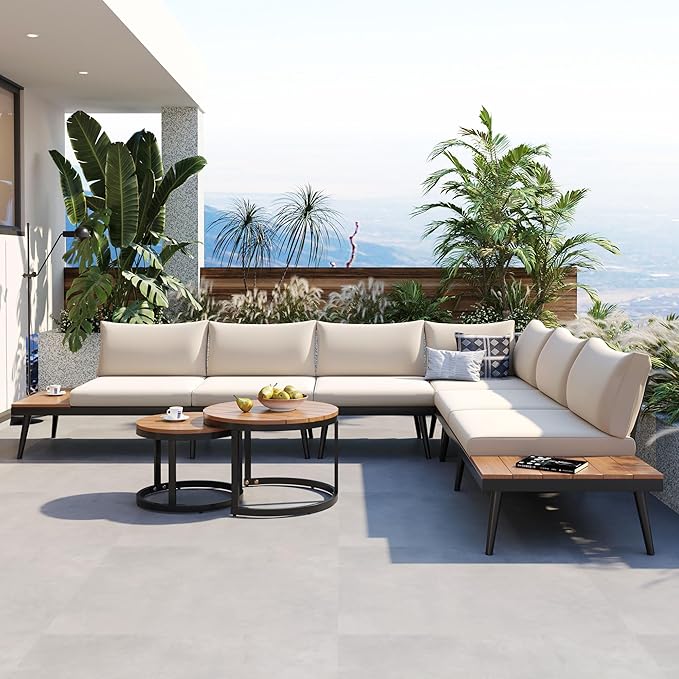 Modern Outdoor Sectional Sofa Set with Round Nesting Coffee Tables and Cushions, 6-Piece Patio Furniture Set for Porch - Photo 1