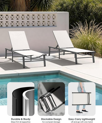 Ciokea Foldable Outdoor Lounge Chair, No Assembly Patio Chaise Lounge Outdoor with 5-Positions, Aluminum Pool Lounge Chair with Portable Design for Pool, Beach, Deck, Backyard, White