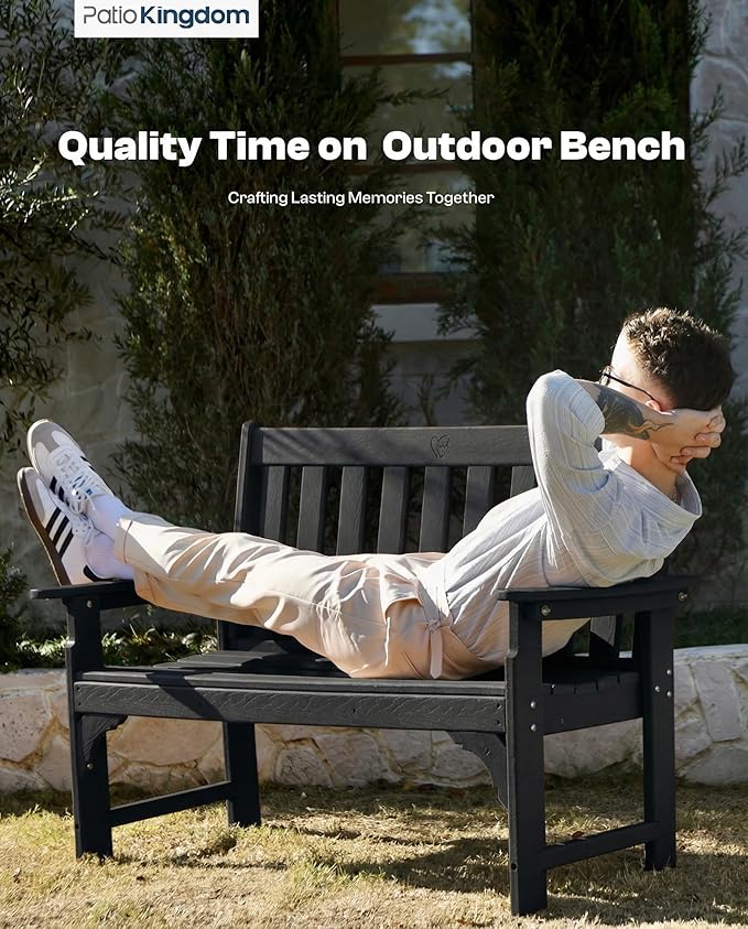 HDPE Garden Bench, All Weather 2-Person Outdoor Benches, Rust Free & Fade Resistant Patio Benches for Garden, Porch, Backyard, Deck, Lawn, Balcony, Poolside (Black, 2 Benches)