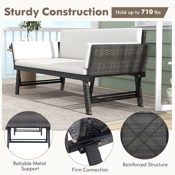 Tangkula Outdoor Convertible Sofa Daybed with Adjustable Armrests, PE Rattan Patio Couch Furniture with Removable Cushions, Patio Chaise Lounge Loveseat for Porch, Balcony, Backyard, Poolside
