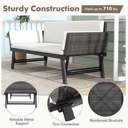 Tangkula Outdoor Convertible Sofa Daybed with Adjustable Armrests, PE Rattan Patio Couch Furniture with Removable Cushions, Patio Chaise Lounge Loveseat for Porch, Balcony, Backyard, Poolside