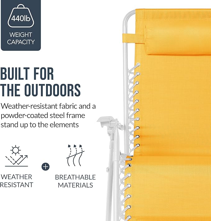 Best Choice Products Set of 2 Extra Wide Adjustable Steel Mesh Zero Gravity Lounge Chair Recliners w/Pillows and Cup Holder Trays - Marigold/White