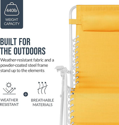 Best Choice Products Set of 2 Extra Wide Adjustable Steel Mesh Zero Gravity Lounge Chair Recliners w/Pillows and Cup Holder Trays - Marigold/White