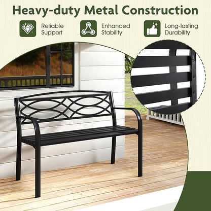 Giantex Outdoor Bench, 45.5” Patio Garden Bench with Backrest, Curved Armrests, Heavy-Duty Metal Frame, Slatted Seat, Outside Patio Seating Furniture for Backyard, Poolside, Porch, Park