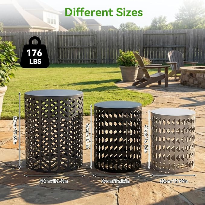 Outdoor Side Table, 3 Piece Garden Stool Set, Decorative Metal Side Table Stools, Stackable Patio Coffee Tables for Balcony, Garden, Indoor Living Room