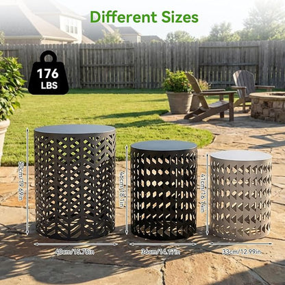 Outdoor Side Table, 3 Piece Garden Stool Set, Decorative Metal Side Table Stools, Stackable Patio Coffee Tables for Balcony, Garden, Indoor Living Room
