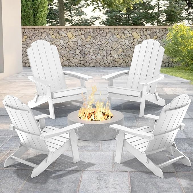 MXIMU Folding Adirondack Chair for Outdoor: Easy Assembly and Comfortable HIPS All-Weather Adirondack Chairs Set of 4 - Wooden Textured Patio Chair for Lawn Garden Deck Backyard Fire Pit