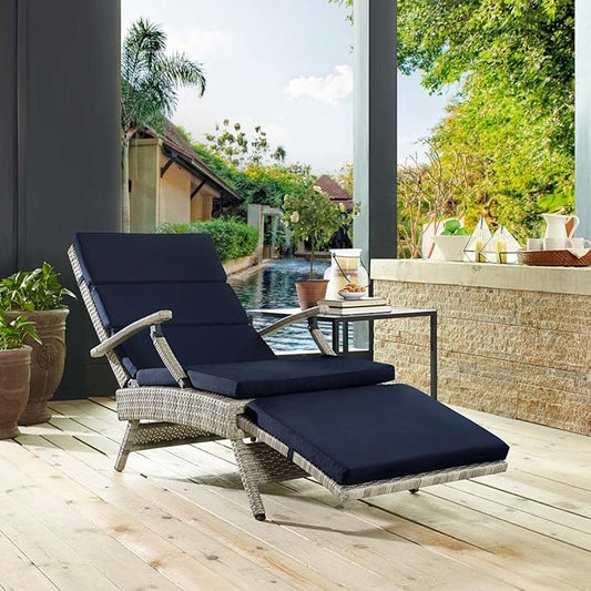 Modway Envisage Outdoor Patio Wicker Rattan Chaise Lounge in Light Gray Navy