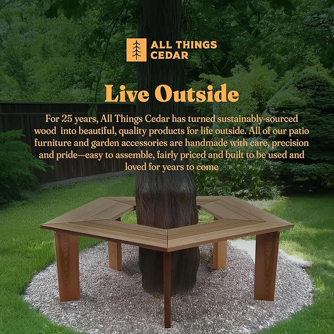 All Things Cedar 52 Inch Wood Tree Bench, 5 Sided Wrap Around Outdoor Seating, Natural