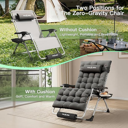 Amopatio Oversized Zero Gravity Padded Chair w/Removable Cushion&Headrest, XXL 33In Reclining Camping Lounge Chair Upgraded Lock and Footrest, Folding Patio Recliner for Indoor Outdoor, Dark Grey