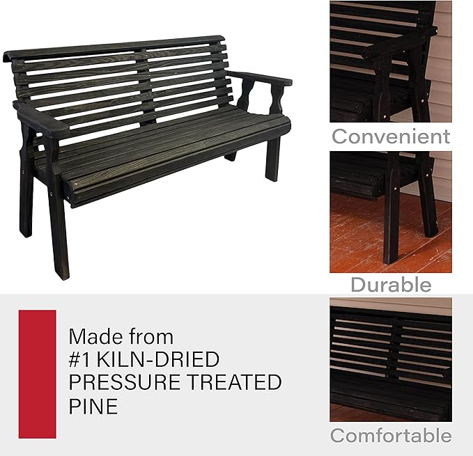Amish Casual Heavy Duty 4 Foot Roll Back Outdoor Bench in Black Stain - Amish Made in The USA from Treated Pine for Outdoor Durability, 700 Lb Weight Capacity