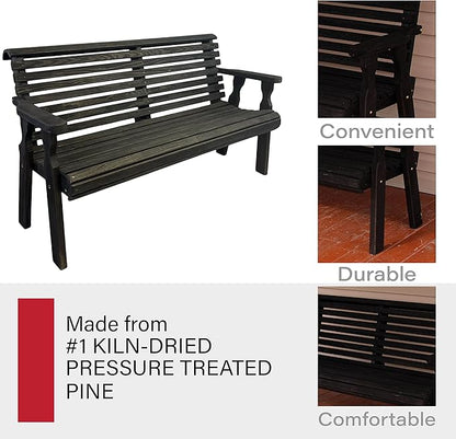 Amish Casual Heavy Duty 5 Foot Roll Back Outdoor Bench in Black Stain - Amish Made in The USA from Treated Pine for Outdoor Durability, 700 Lb Weight Capacity