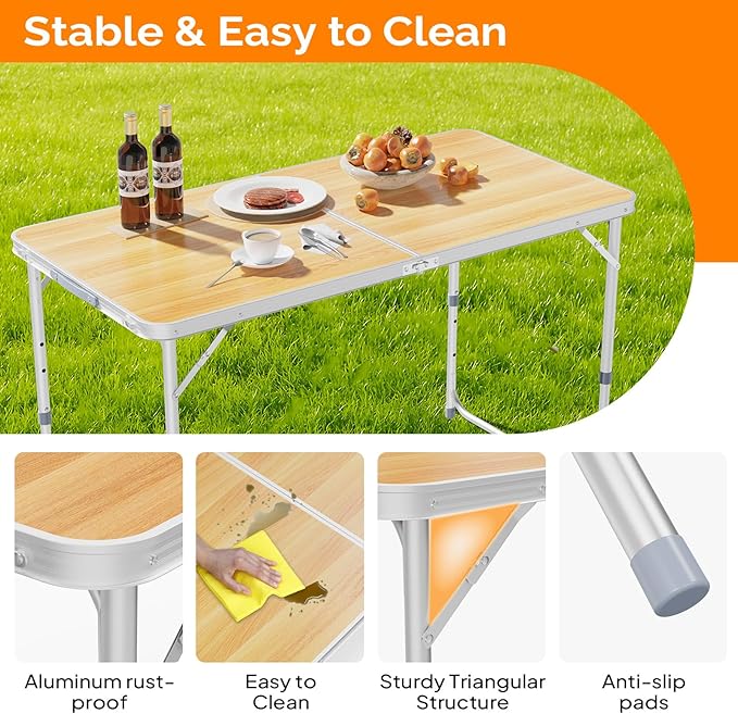 VINGLI 4FT White Folding Table with Carrying Handle Height Adjustable Lightweight Fold Up Portable for Indoor Outdoor - Photo 4