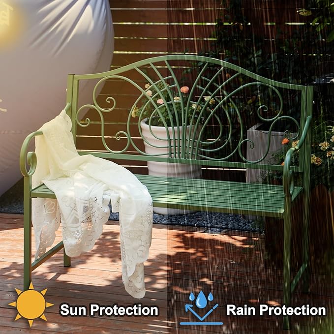 Green Metal Garden Bench, Outdoor Patio Bench with Elegant Backrest Design, Weather Resistant, 2-Person Seating, for Lawn, Park, Patio, Max Load 660 LBS