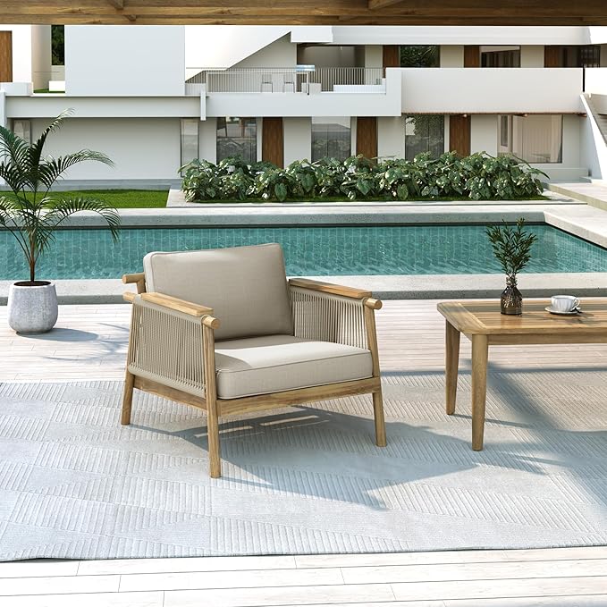 Christopher Knight Home Hadley Patio Club Chairs with Water-Resistant Cushion, Acacia Wood Lounge Chair Outdoor, Wooden Outdoor Accent Chair, Armrest Sofa Set for Garden Porch Backyard, Teak+Beige