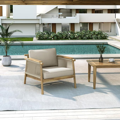 Christopher Knight Home Hadley Patio Club Chairs with Water-Resistant Cushion, Acacia Wood Lounge Chair Outdoor, Wooden Outdoor Accent Chair, Armrest Sofa Set for Garden Porch Backyard, Teak+Beige