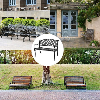 Outdoor Patio Garden Bench All-Weather Cast Aluminum Loveseats Park Yard Furniture Porch Chair Work Entryway Decor w/Checkered Design (Black)