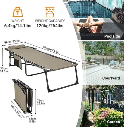 KingCamp Lounge Chair Outdoor, Folding Portable Tanning Chairs Comfy Adjustable 5-Position Lay Flat Foldable Chaise Chaser Lounger with Pillow for Outside Beach Patio Sun bathing Backyard Pool, Beige