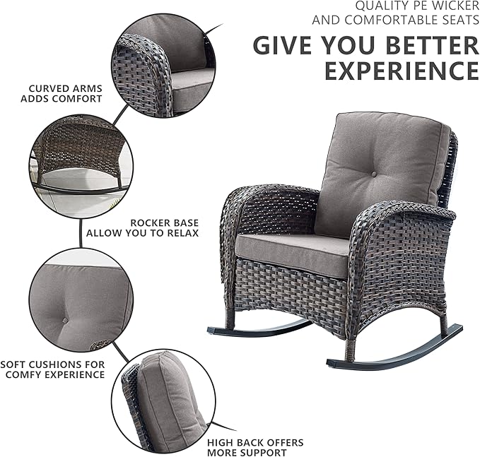 Belord Wicker Porch Rocking Chairs - 3 Pieces Patio Bistro Set High Back Outdoor Rocker Chairs Set with Side Table for Deck Balcony Brown/Grey
