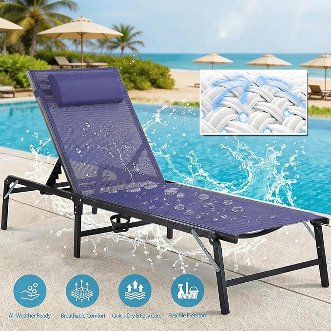 Foldable Outdoor Lounge Chairs Set of 4, No Assembly Chaise Lounge Outdoor with Cup Holder and 6 Adjustable Positions - Photo 5