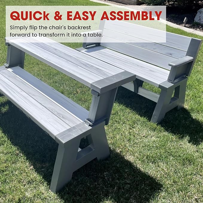 Convert-a-Bench Gen 1 2in1 Outdoor Convertible Bench to Picnic Table | Space-Saving Weather-Resistant Patio Furniture for Yard Deck Garden | Easy Assembly & Durable-1 Bench/Order, Platinum White Birch