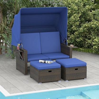 RELAX4LIFE Wicker Outdoor Daybed with Canopy - Rattan Loveseat Sofa Set w/Storage Ottomans, Adjustable Back, Retractable Trays, Sunbed Double Chaise Lounge for Backyard, 2-Seater Patio Daybed (Navy)