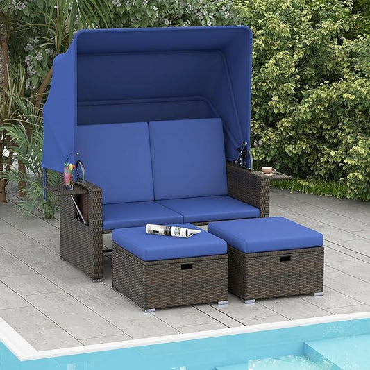 RELAX4LIFE Wicker Outdoor Daybed with Canopy - Rattan Loveseat Sofa Set w/Storage Ottomans, Adjustable Back, Retractable Trays, Sunbed Double Chaise Lounge for Backyard, 2-Seater Patio Daybed (Navy)