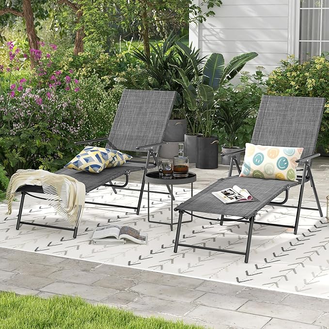 Tangkula Outdoor Lounge Chairs Set of 2, Patio Folding Chaise Recliner with 6-Level Backrest - Photo 4