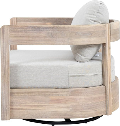 Christopher Knight Home Telluride Outdoor Acacia Wood Swivel Club Chair with Removable Cushion, 360° Rotating Patio Armchair for Garden, Balcony, or Poolside Seating, Beige + Light White