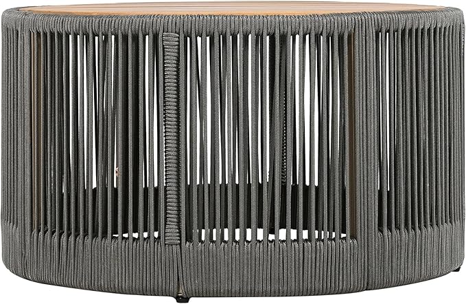 LUMISOL Rattan Rope & Acacia Wood Coffee Table for Outdoor, Patio Center Table with Wood Top, 26" Cocktail Table for Garden, Yard, Balcony, Teak+ Grey
