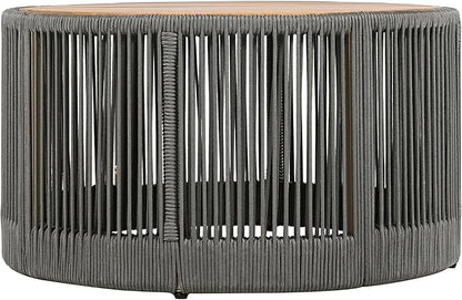 LUMISOL Rattan Rope & Acacia Wood Coffee Table for Outdoor, Patio Center Table with Wood Top, 26" Cocktail Table for Garden, Yard, Balcony, Teak+ Grey