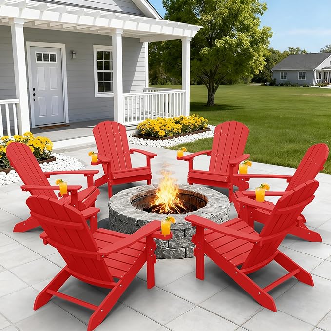 YEFU Adirondack Chairs with Cup Holders: Set of 6 Fire Pit Chairs Plastic with Wood Texture - Sturdy All-Weather HIPS for Patio Backyard Lawn - Easy Assembly Outdoor Furniture(Red)