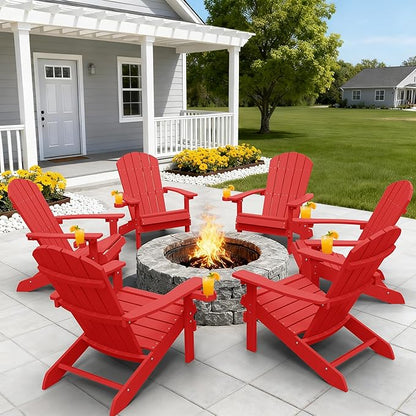 YEFU Adirondack Chairs with Cup Holders: Set of 6 Fire Pit Chairs Plastic with Wood Texture - Sturdy All-Weather HIPS for Patio Backyard Lawn - Easy Assembly Outdoor Furniture(Red)