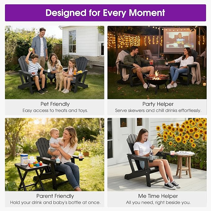 PURPLE LEAF Adirondack Chair HDPE All-Weather Outdoor Fire Pit Chair with 24.6" Oversized Seat Wood-Textured Patio Adirondack Chair with Dual Cup Holders for Garden Deck Backyard, Black