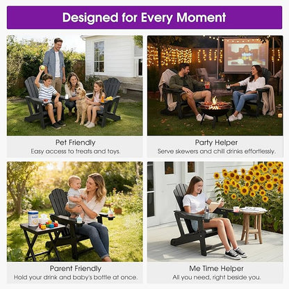 PURPLE LEAF Adirondack Chair HDPE All-Weather Outdoor Fire Pit Chair with 24.6" Oversized Seat Wood-Textured Patio Adirondack Chair with Dual Cup Holders for Garden Deck Backyard, Black
