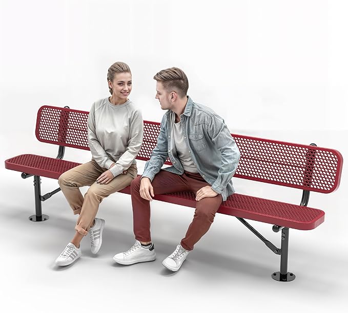 Heavy-Duty Outdoor Metal Bench, Thermoplastic-Coated, Surface, Weatherproof, Commercial-Grade for Parks, Gardens, Patios, Stores & More (8 Ft - Surface with Back, Red)